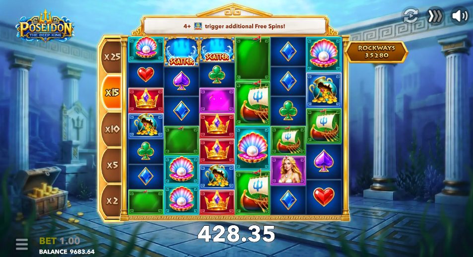 Poseidon The Deep King free spins on the underwater board with the x15 step lit and two trident scatters showing