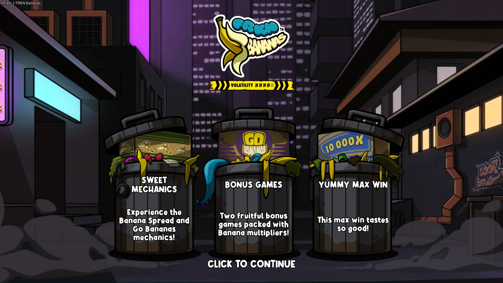 FRKN Bananas splash with three bins holding the feature cards