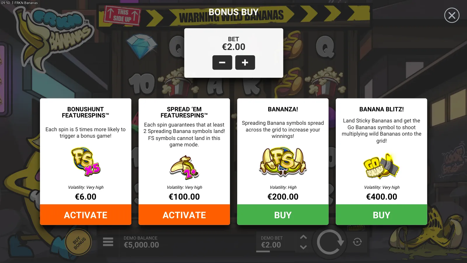 FRKN Bananas bonus buy panel with four options
