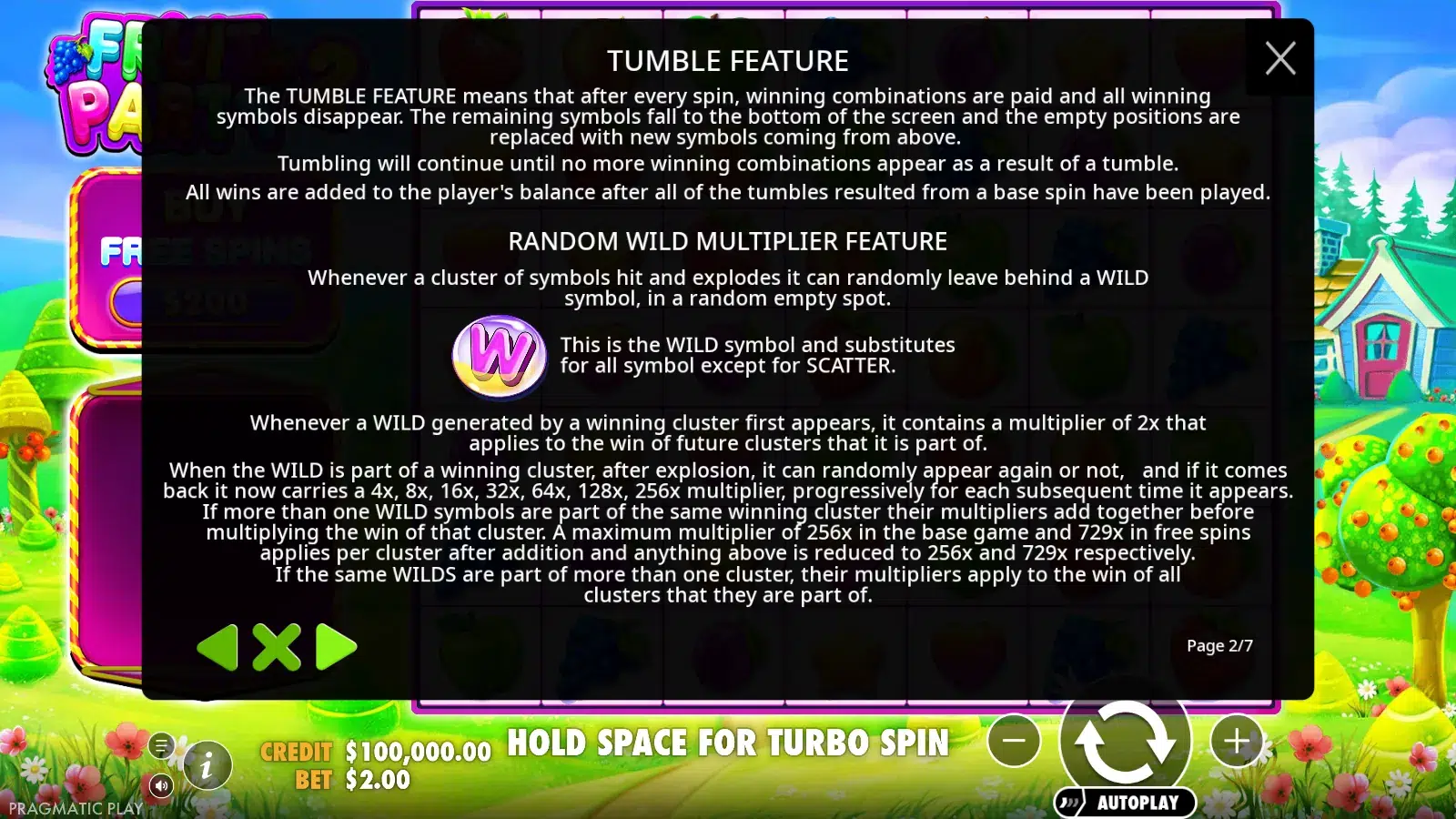Fruit Party 2 rules page showing the tumble feature and the random wild multiplier rules