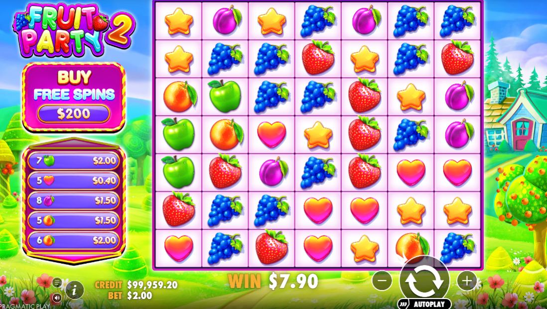 The Fruit Party 2 grid after a tumble, the side panel listing five winning clusters.