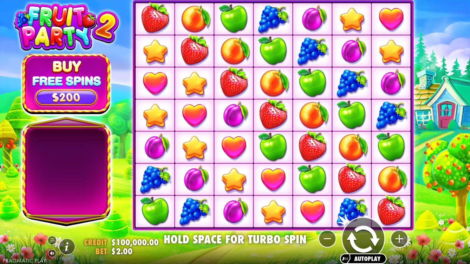 Fruit Party 2 idle 7x7 grid of fruit at a $2.00 bet with the $200 Buy Free Spins panel on the left