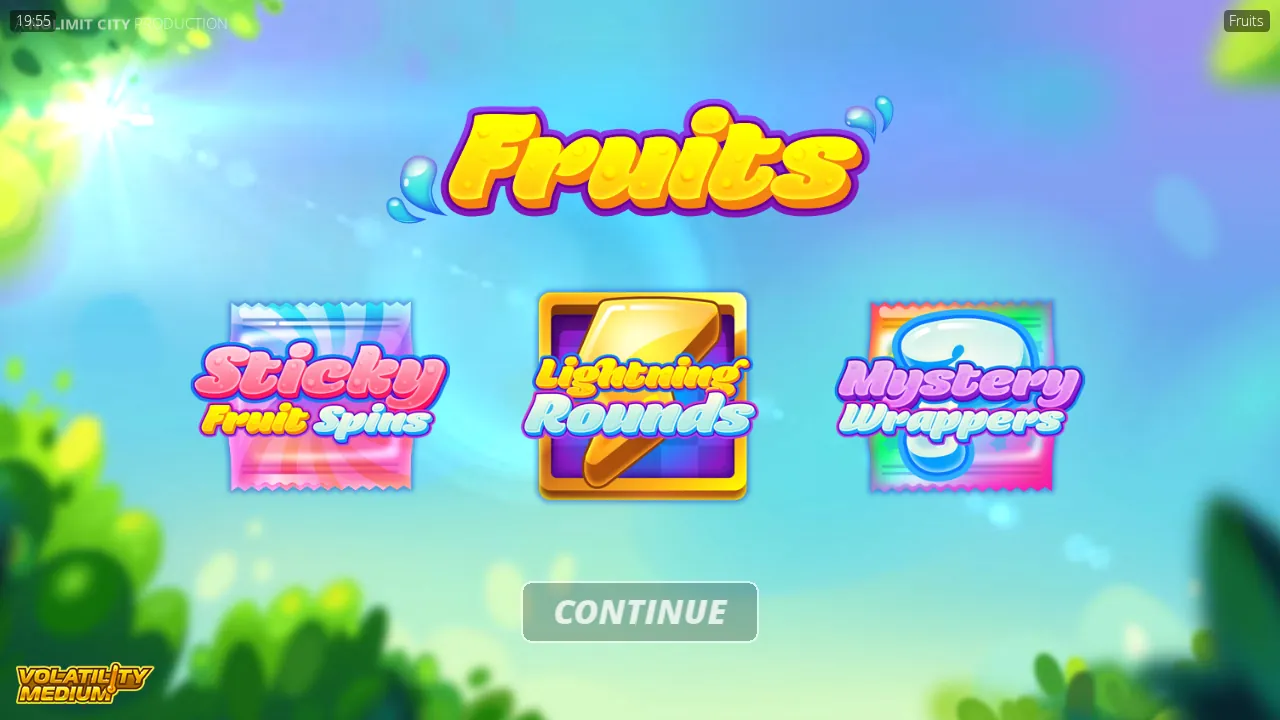 Fruits splash screen showing the logo and three feature badges