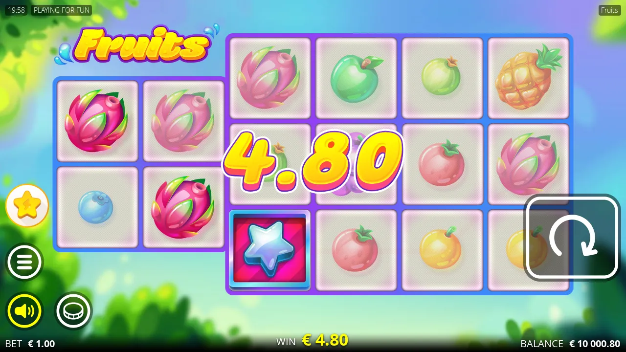 Fruits reels with a Wild star on reel 3 and dragon fruit wins across the 2x2 and 4x3 blocks