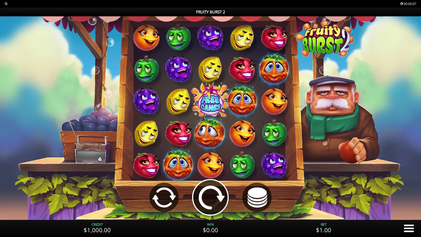 Fruity Burst 2 base grid of cartoon fruit at a market stall with a Free Games scatter in the centre