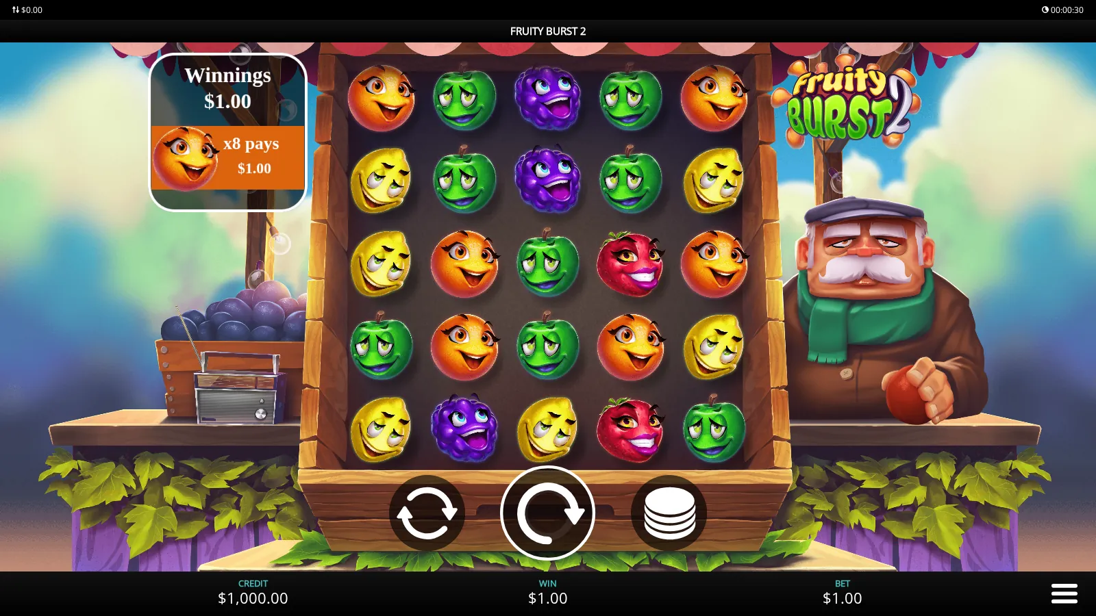 Fruity Burst 2 grid with an orange cluster paid out and the winnings panel open