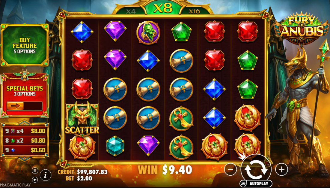 6x5 grid paying $9.40 during a tumble sequence, the DoubleMax counter sitting at x8 with a green Anubis scatter landed on reel 1.