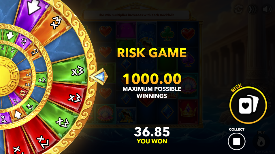 Gamble wheel of multiplier, arrow and blank segments with a 36.85 win staked and a 1000.00 maximum shown