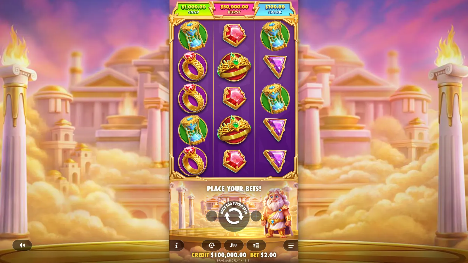 Gates of Olympus POP base game with the Spark, Snap and Burst prize boxes