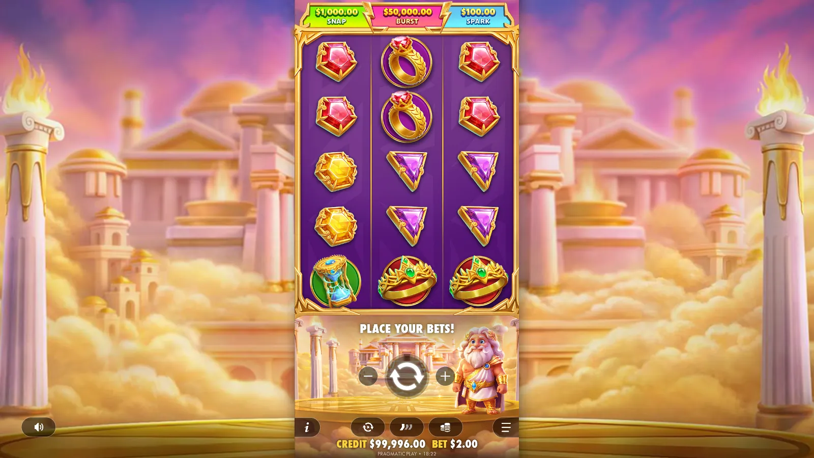 Gates of Olympus POP portrait reels after a spin, with the Spark, Snap, and Burst prize boxes above