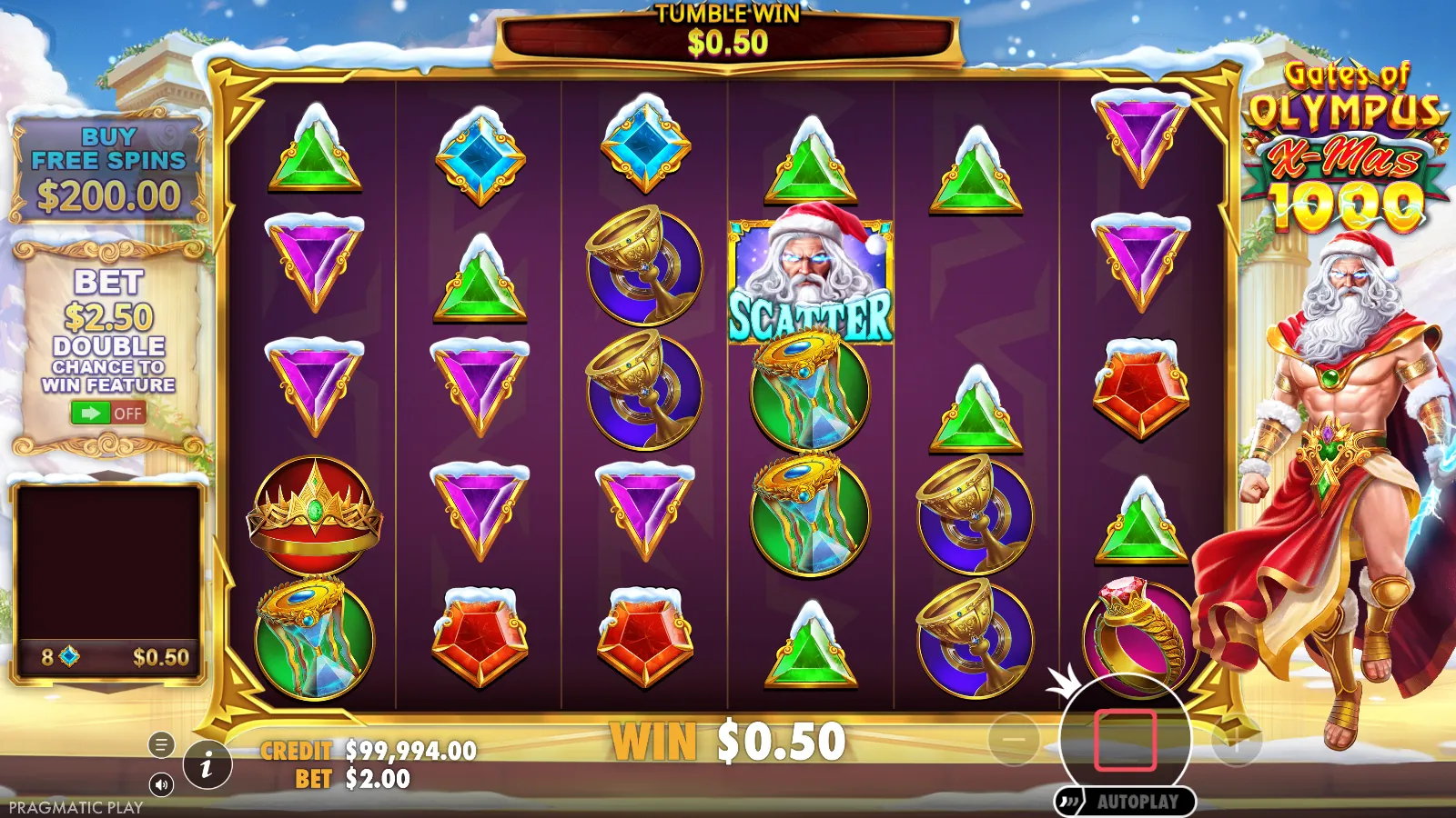 Gates of Olympus X-Mas 1000 reels showing a $0.50 tumble win from eight blue gems