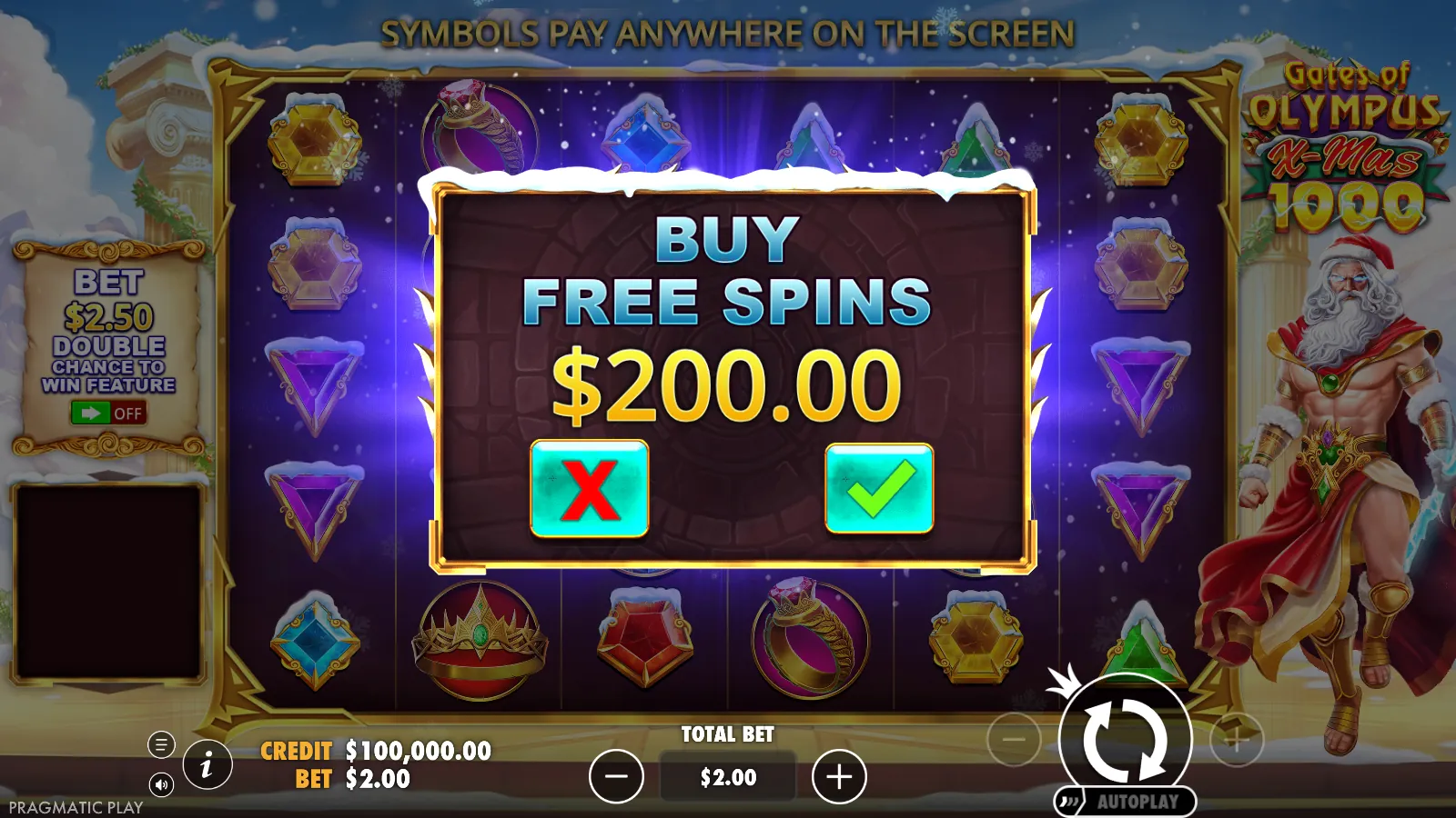 Gates of Olympus X-Mas 1000 buy free spins confirmation dialog priced at $200.00