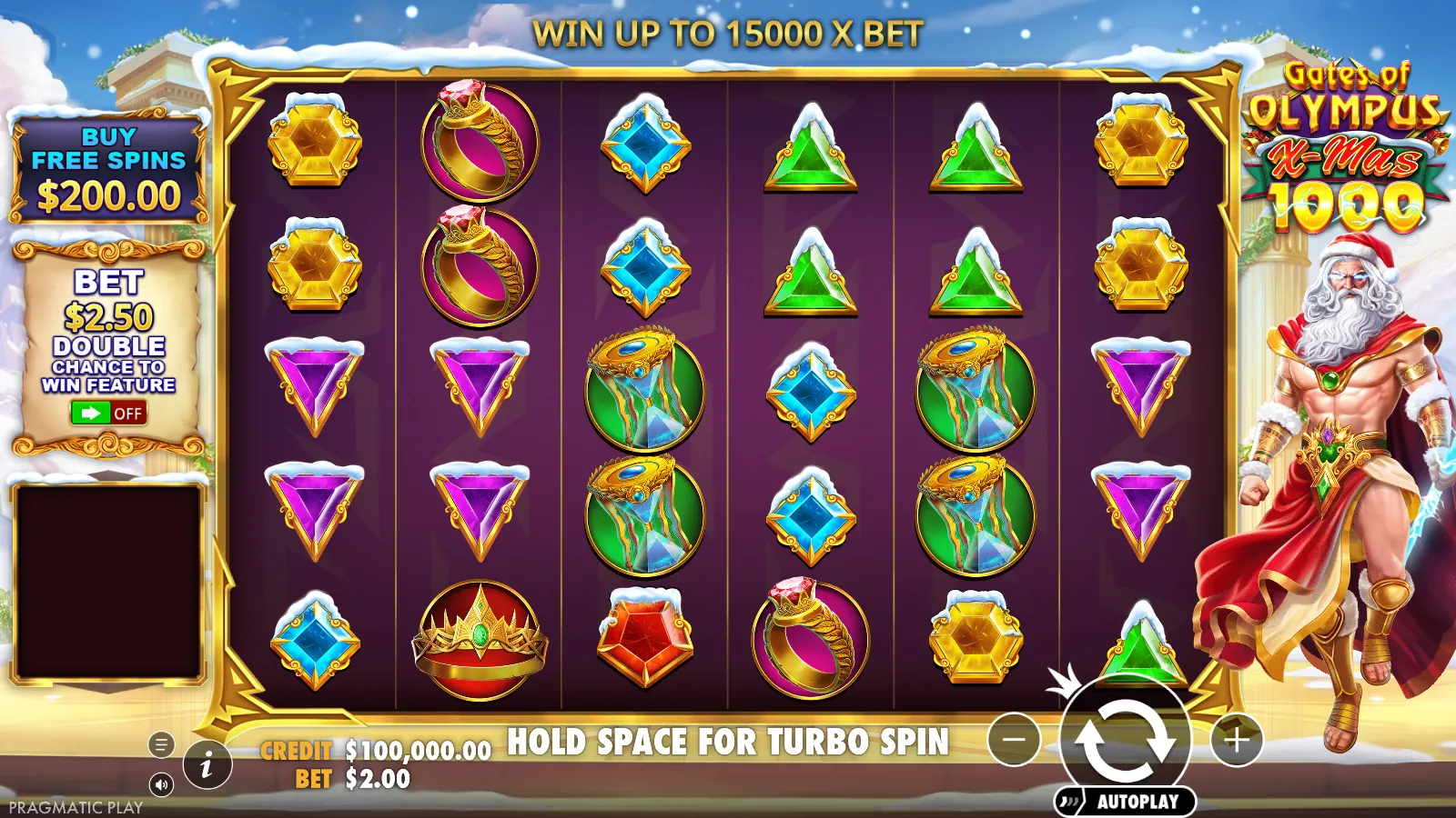 Gates of Olympus X-Mas 1000 idle reels with the Buy Free Spins plaque at $200.00 and the bet at $2.00