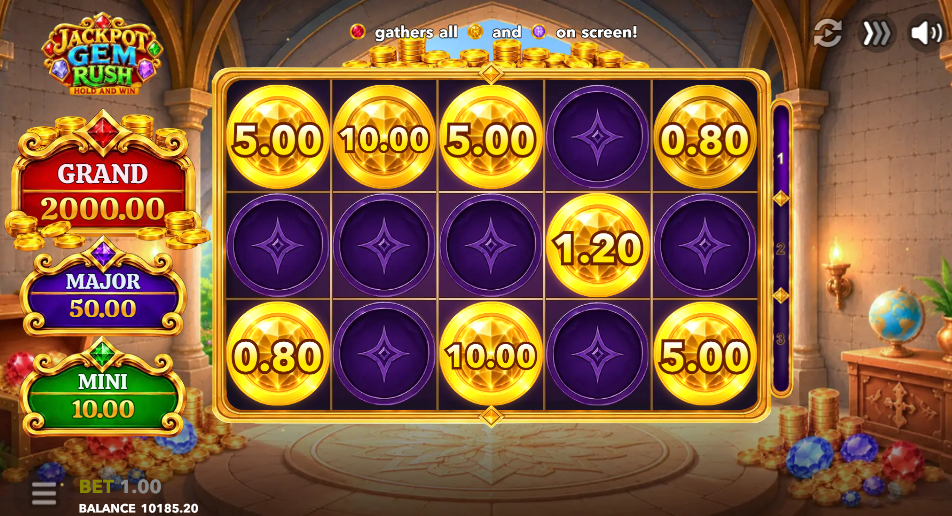 Hold and Win round in progress, gold coin values pinned on a purple grid beside the jackpots