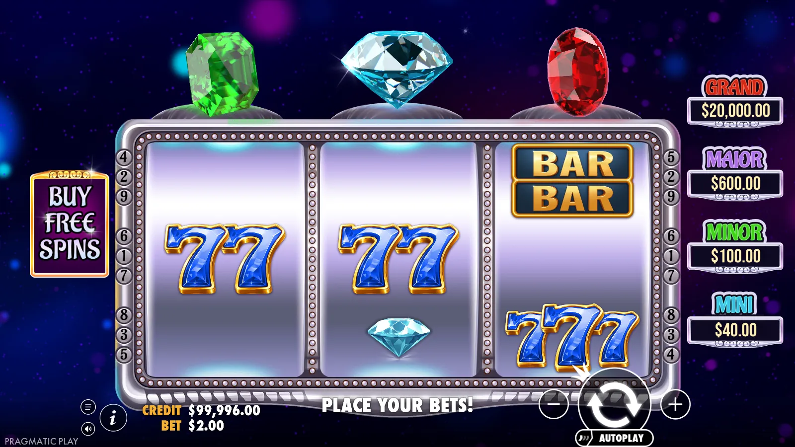 Gem Trio reels with a diamond gem below two 77 symbols and 777 on the third reel