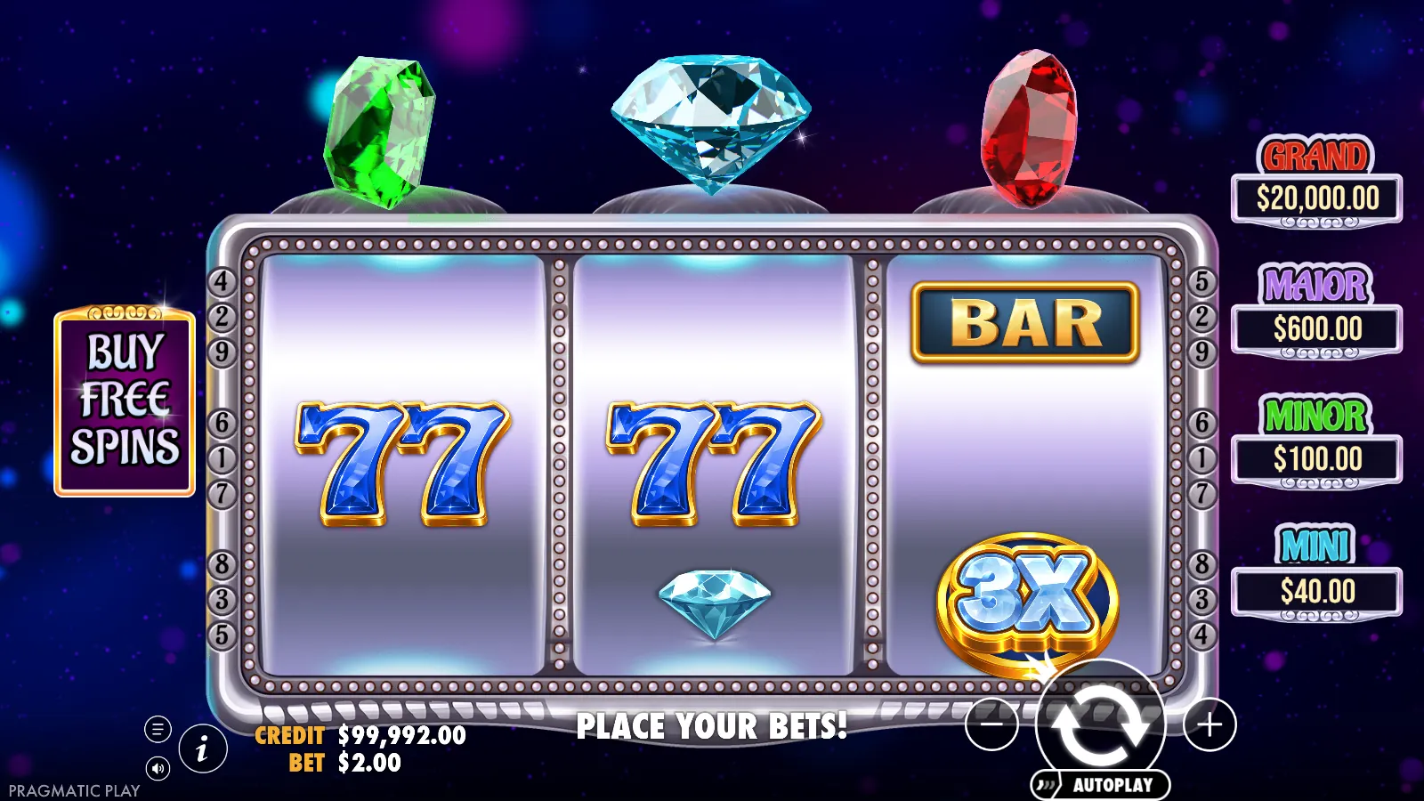 Gem Trio reels showing two 77 symbols and a gold 3X wild on the third reel