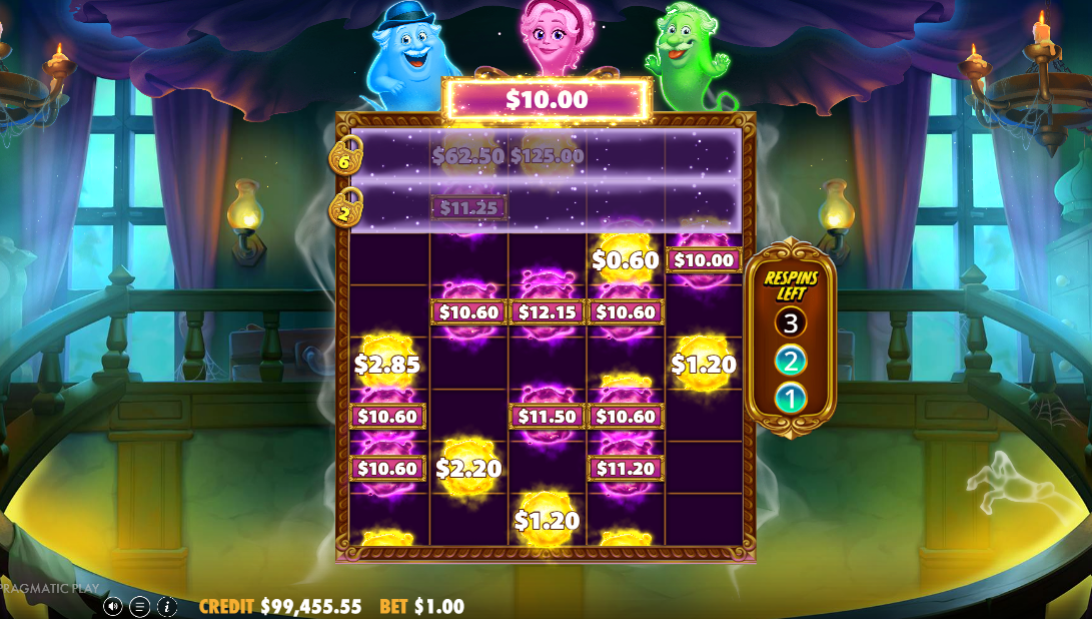 Great Ghosts Ghost Respin in progress with MONEY symbols filling an expanded grid.