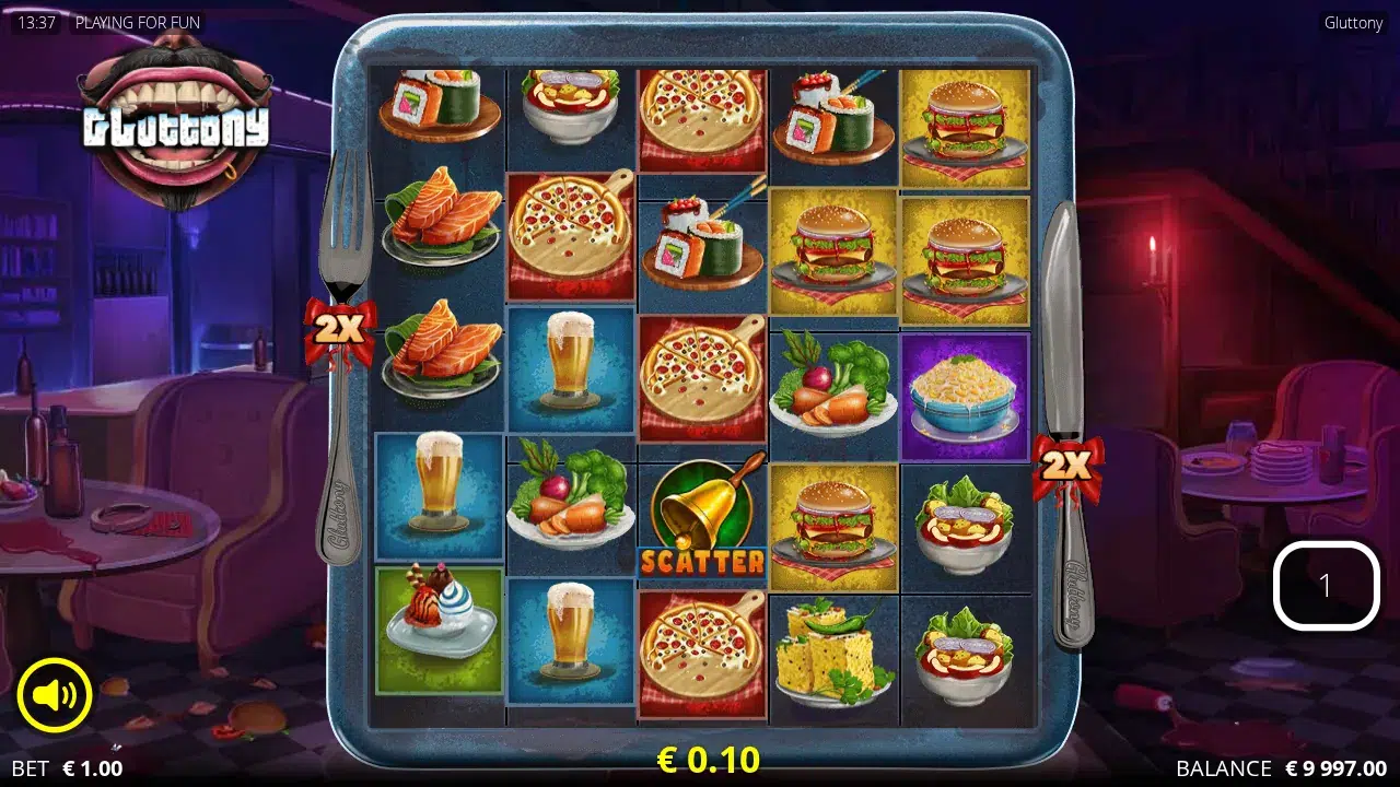 Gluttony 5x5 board during Golden Bell Spins with a golden bell Scatter on reel 3