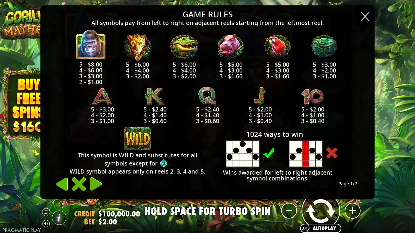 Gorilla Mayhem symbol paytable with the 1,024 ways diagram and the wild rules