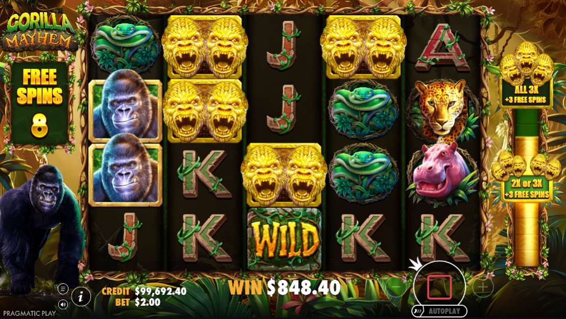 Free spins in progress on the gorilla reels, the progress meter counting heads toward level 3.