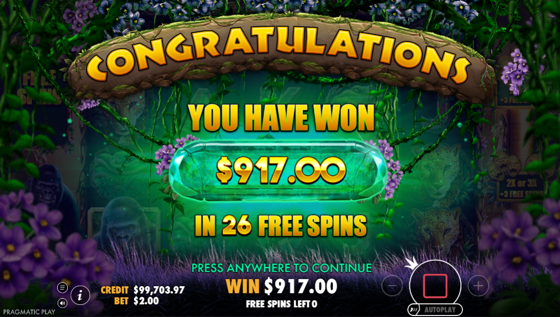 Gorilla Mayhem free spins result paying $917.00 across 26 free spins.