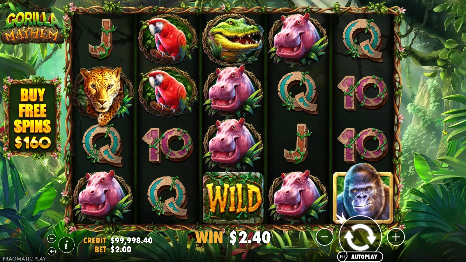 Gorilla Mayhem reels showing a win with a wild on reel 3 and a framed gorilla symbol on reel 5