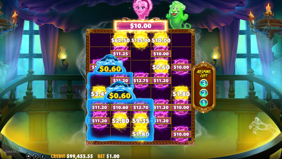 Great Ghosts Ghost Respin with blue Upgrade frames locked around two money symbols.