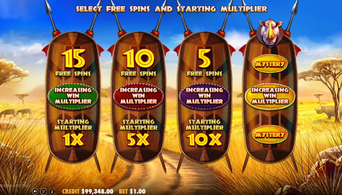 Four free spins options laid out on wooden shields, the fewer spins carrying the higher starting multiplier and the fourth left as a mystery pick.