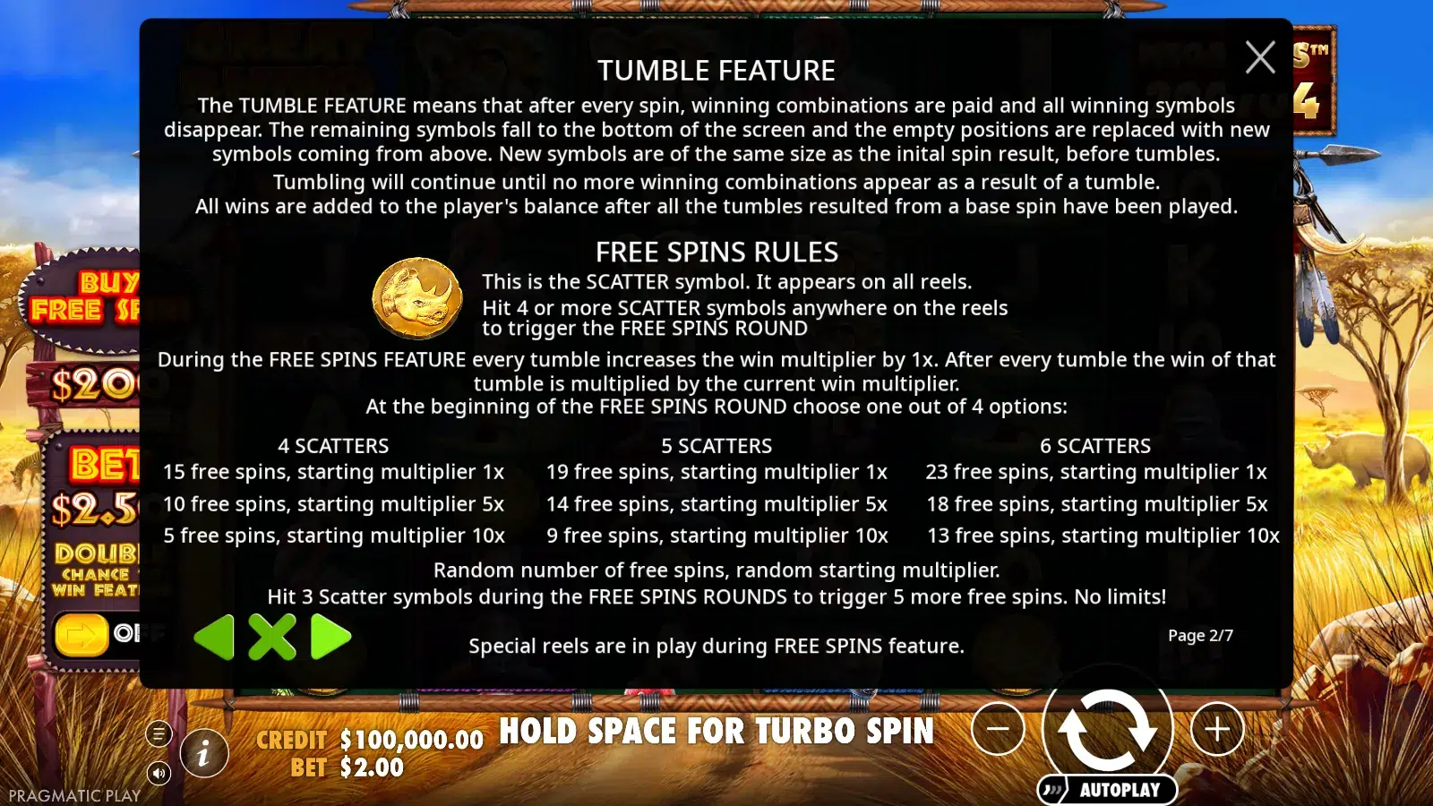 Great Rhino Megaways rules page showing the tumble feature and the free spins options