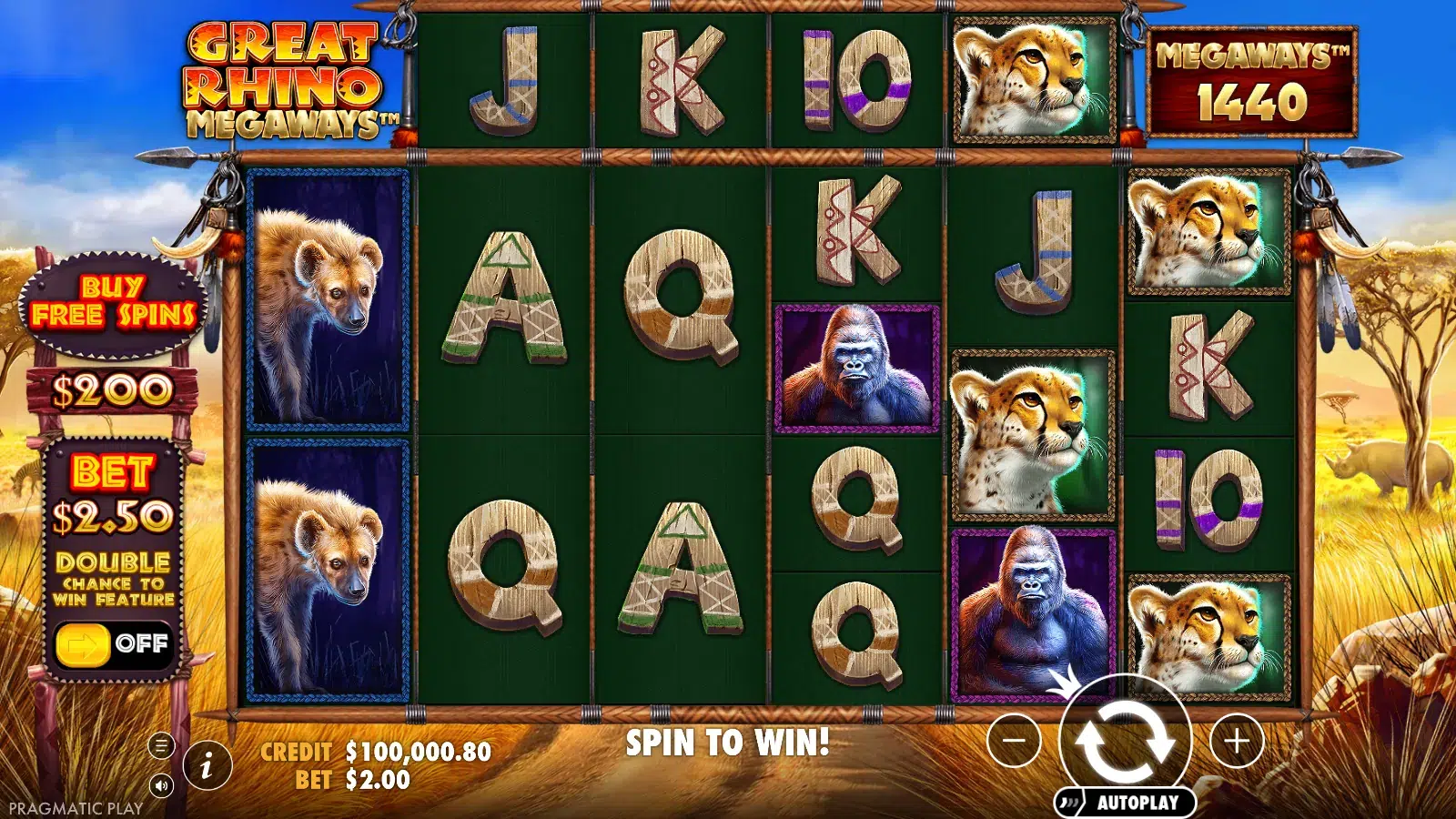 Great Rhino Megaways reels after a spin with no win at 1,440 ways