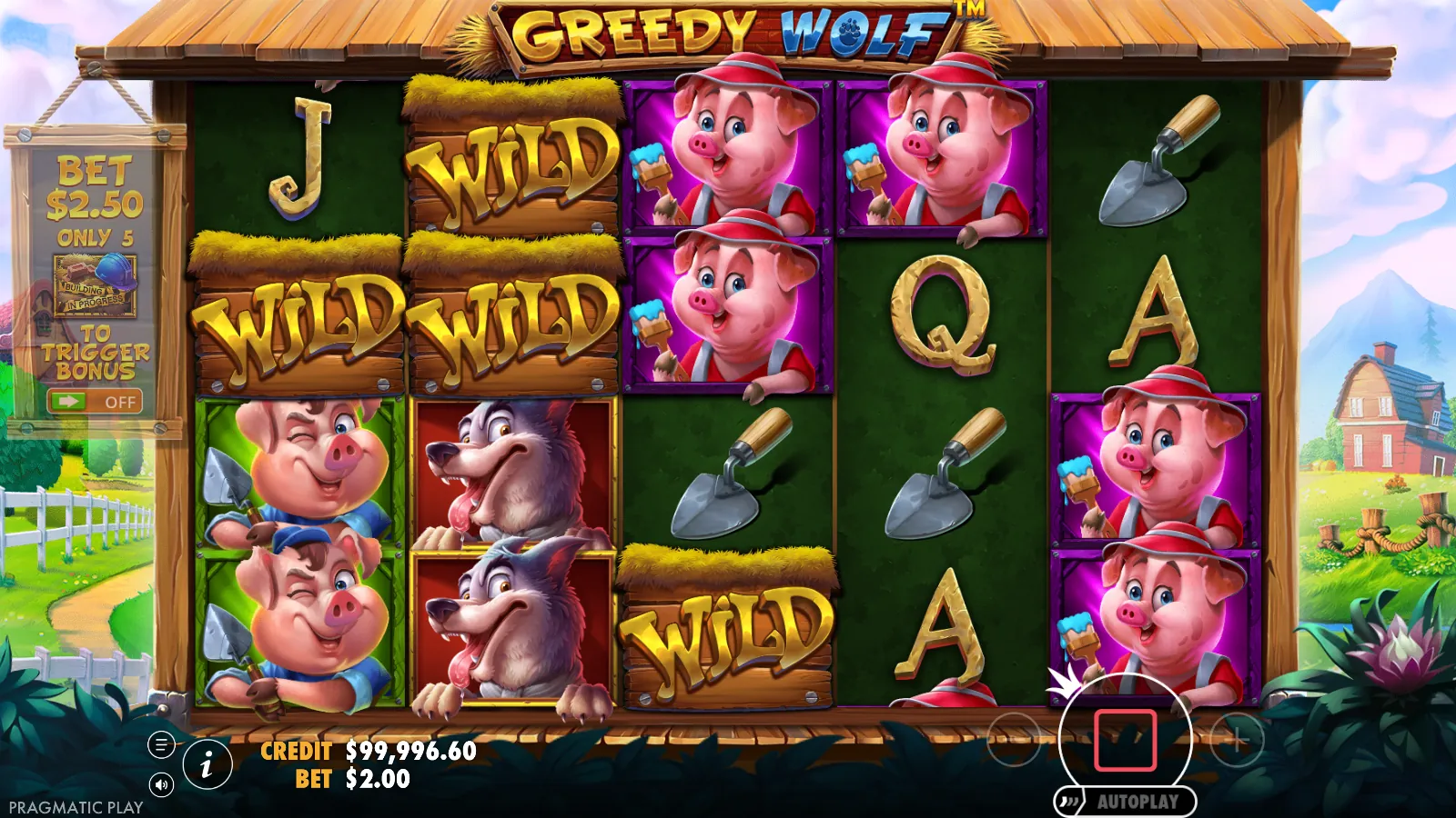 Greedy Wolf reels showing four wild planks and two stacked wolves during a respin