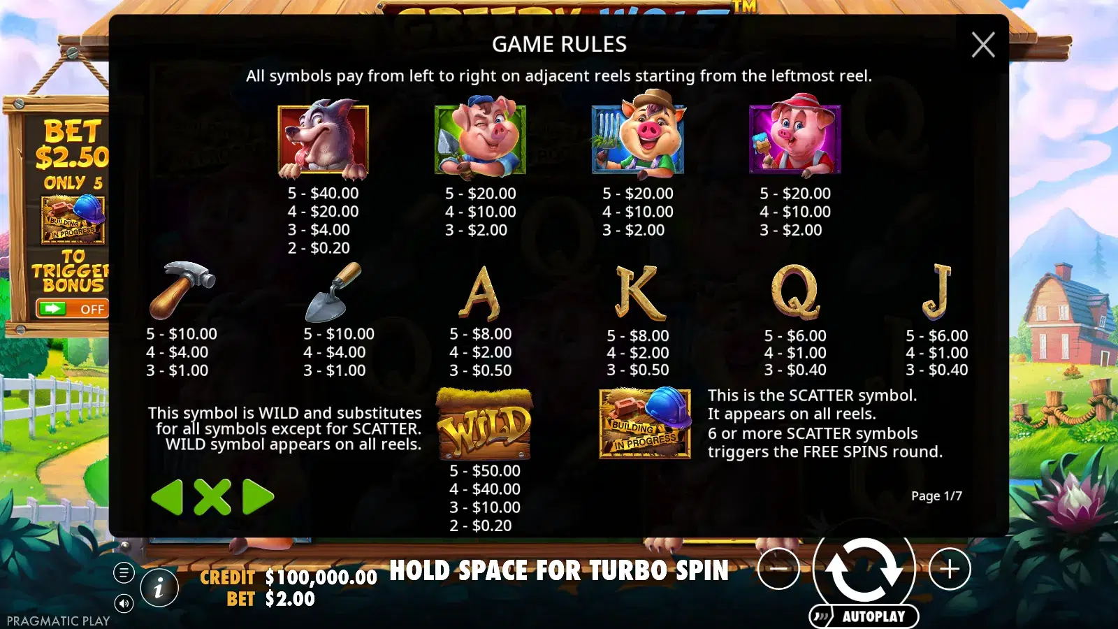 Greedy Wolf paytable screen showing symbol values with the wild and scatter rules