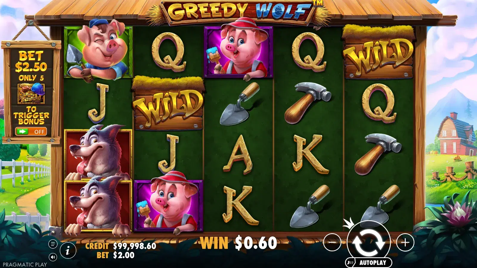 Greedy Wolf reels after a settled spin with a wild on reel 2 and a $0.60 win