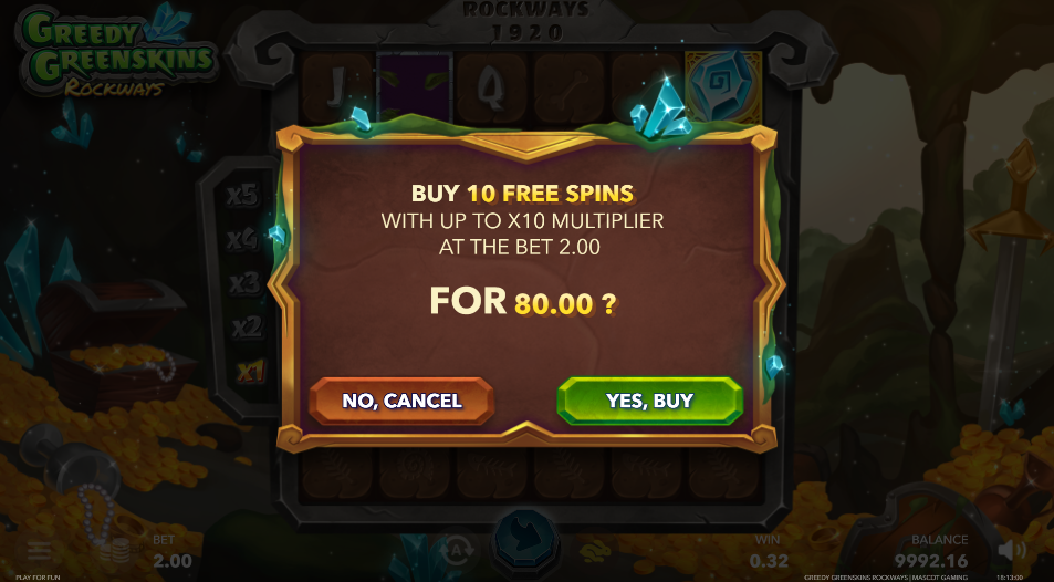 Greedy Greenskins Rockways buy offer for 10 free spins up to a x10 multiplier at the 2.00 bet, priced at 80.00