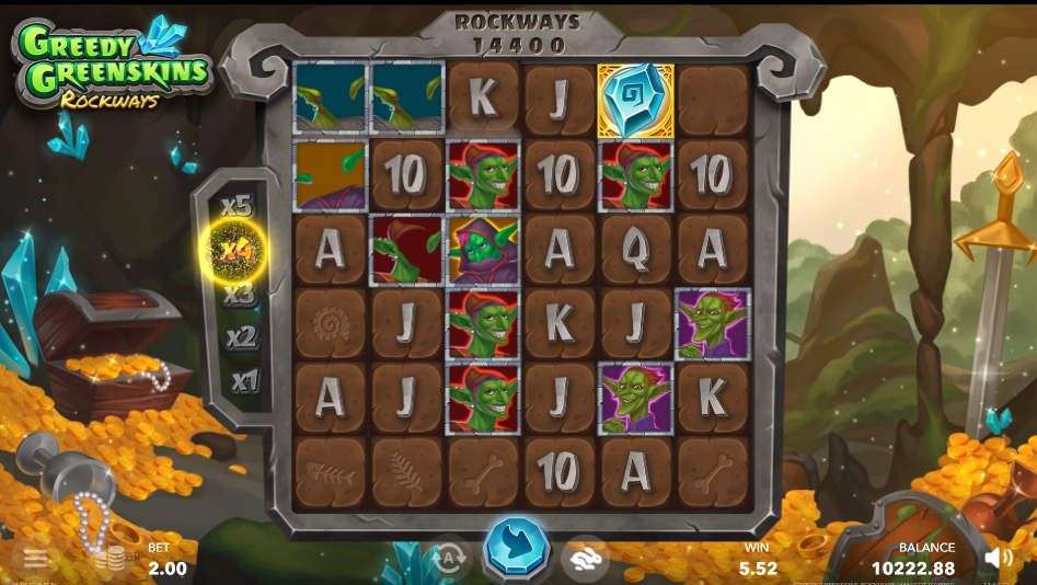Base game reels with a Rockways counter reading 14,400 and a multiplier ladder from x1 to x5
