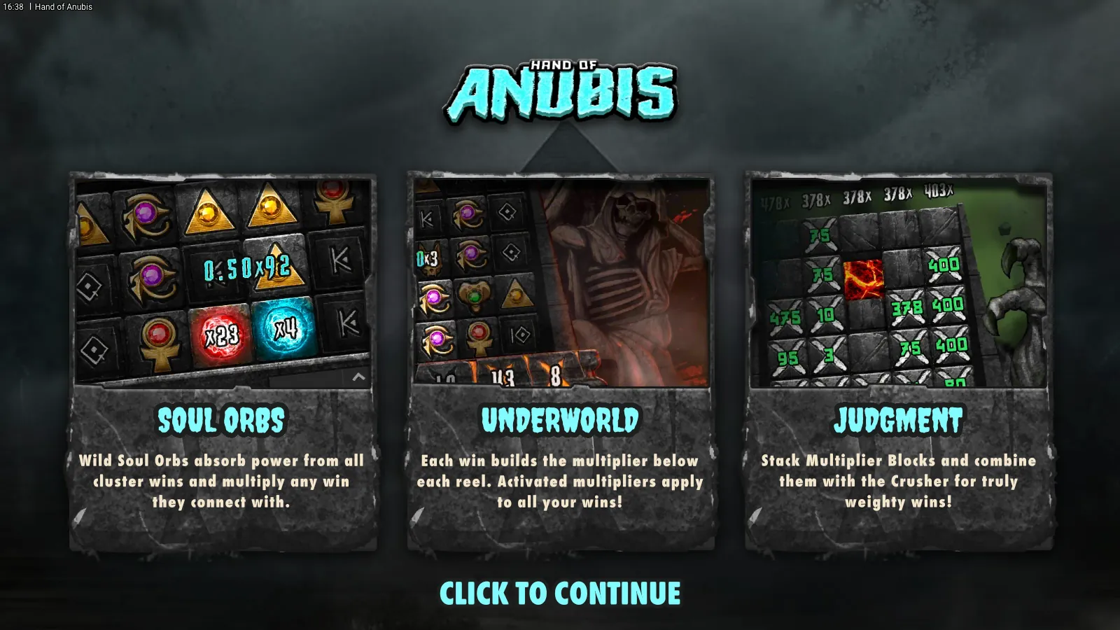 Hand of Anubis splash cards for Soul Orbs, Underworld and Judgment