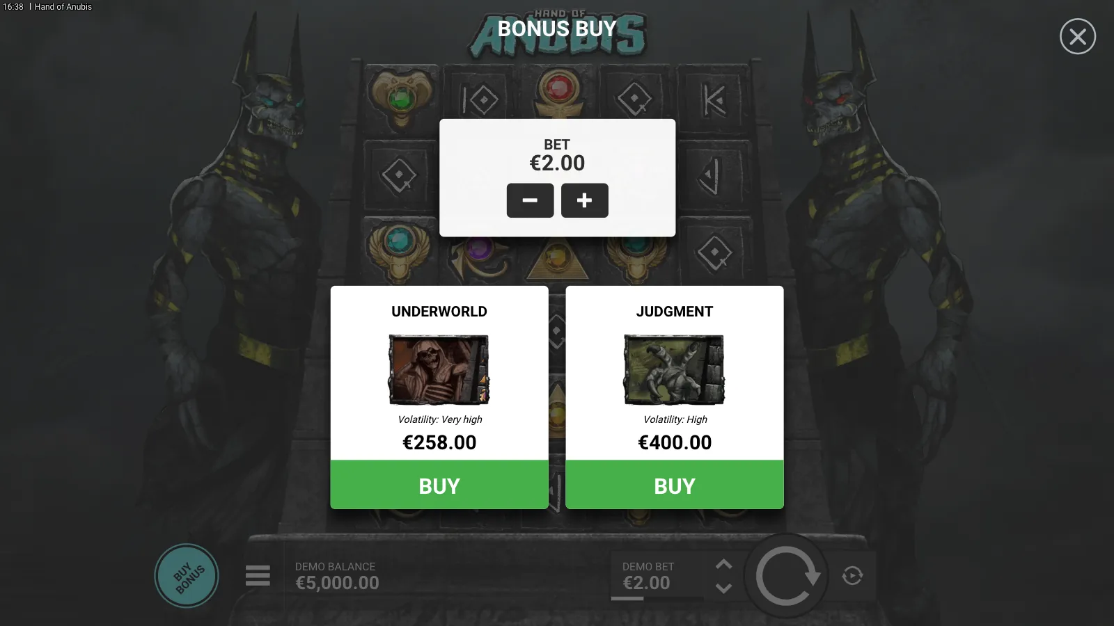Hand of Anubis bonus buy panel with Underworld and Judgment
