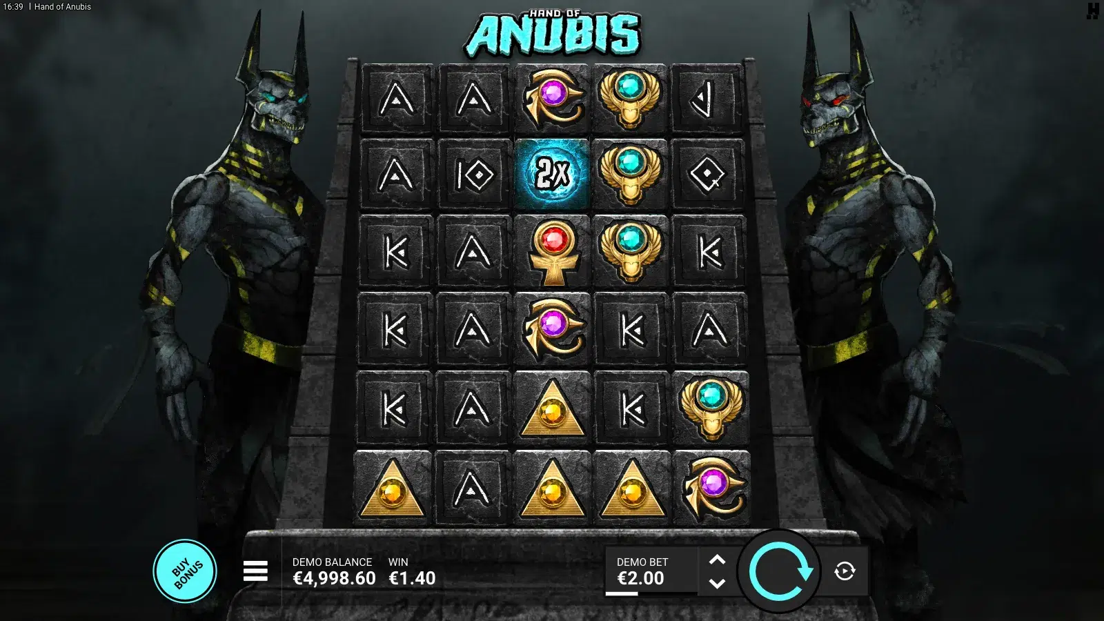 Hand of Anubis reels with a blue Soul Orb at 2x on reel 3
