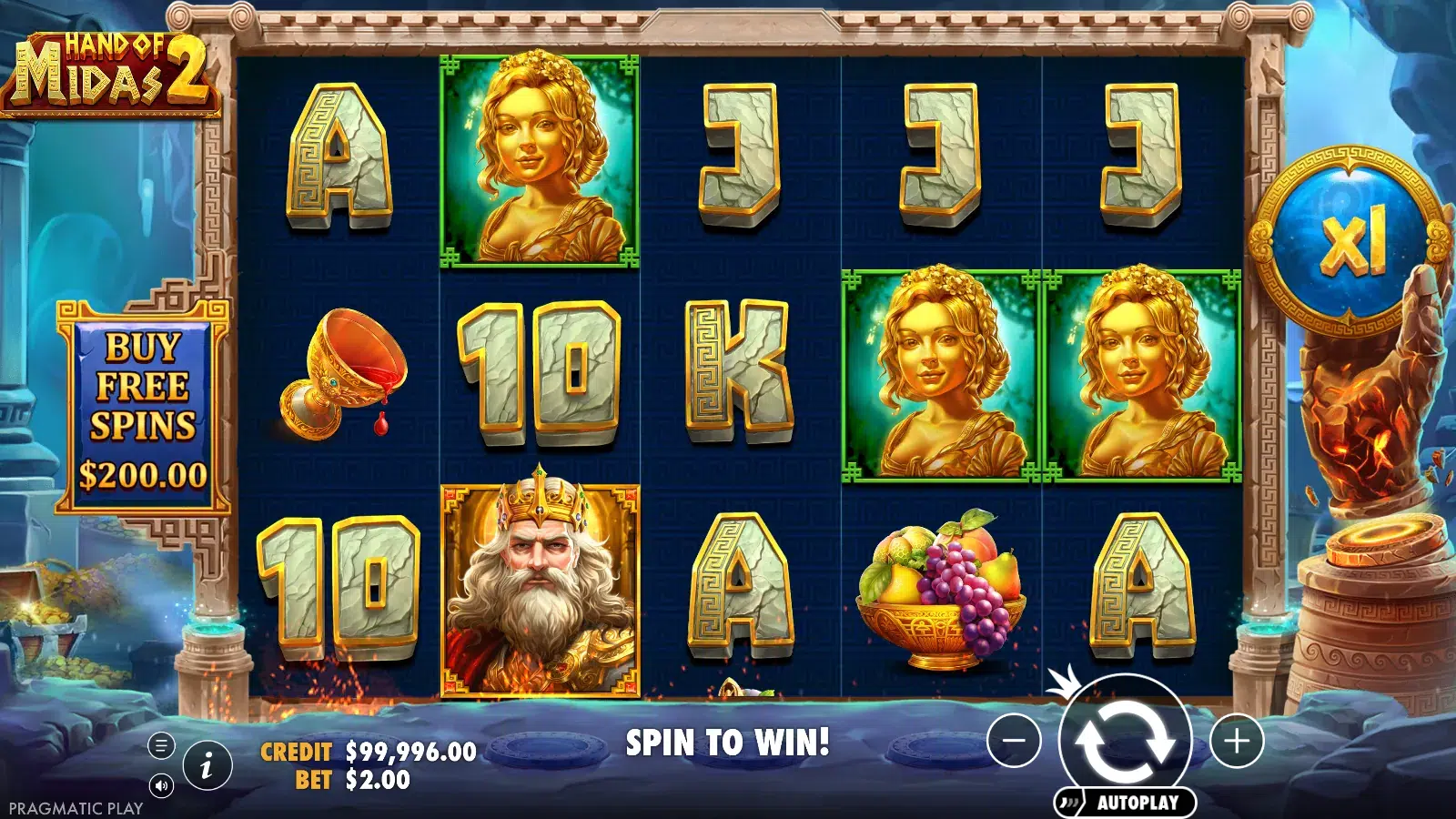 Hand of Midas 2 reels settled with three golden woman symbols on reels 2, 4, and 5 and the Midas king on reel 2