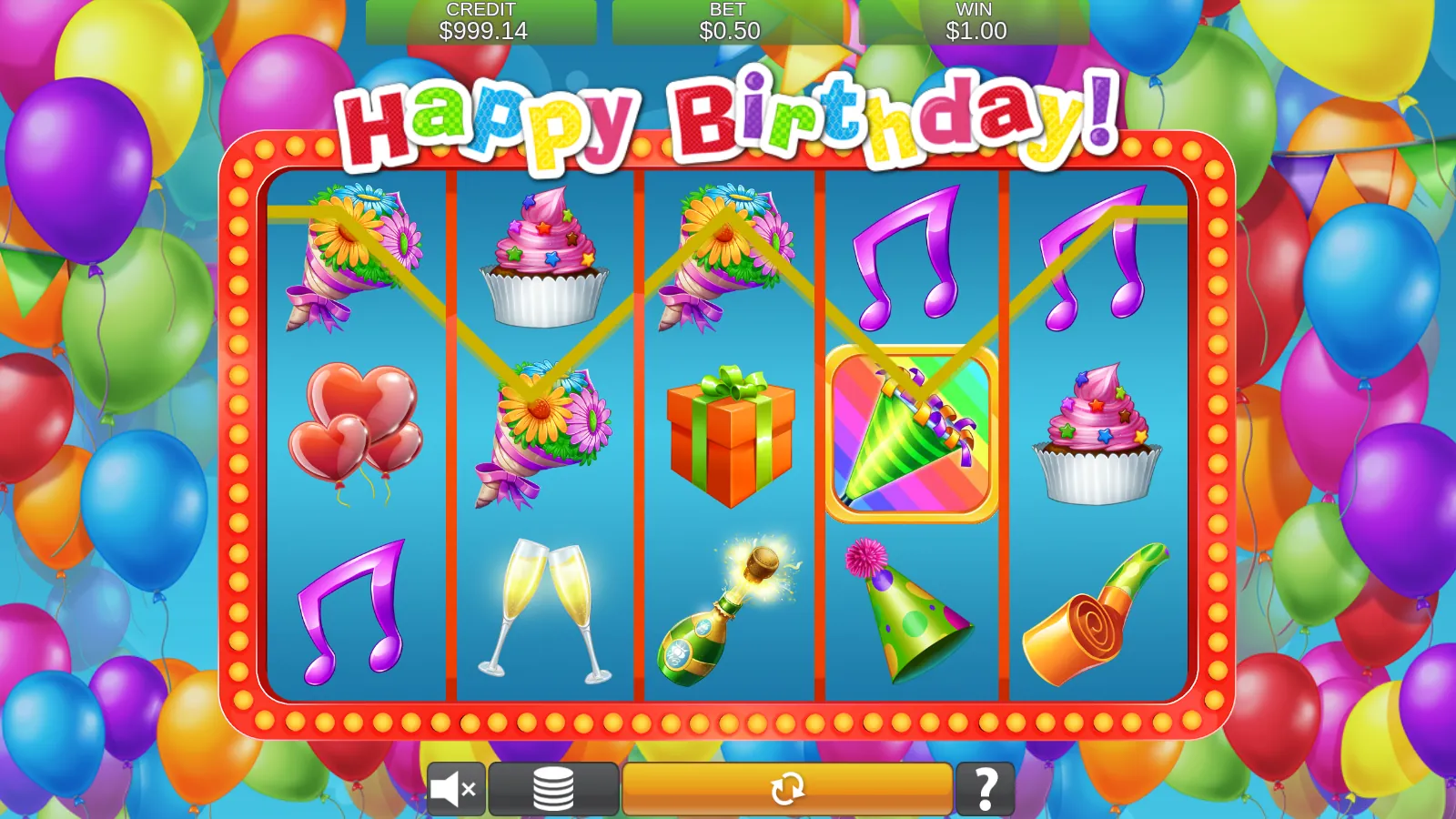 Happy Birthday reels with a gold winning payline drawn across five party symbols and a Streamers popper on reel 4