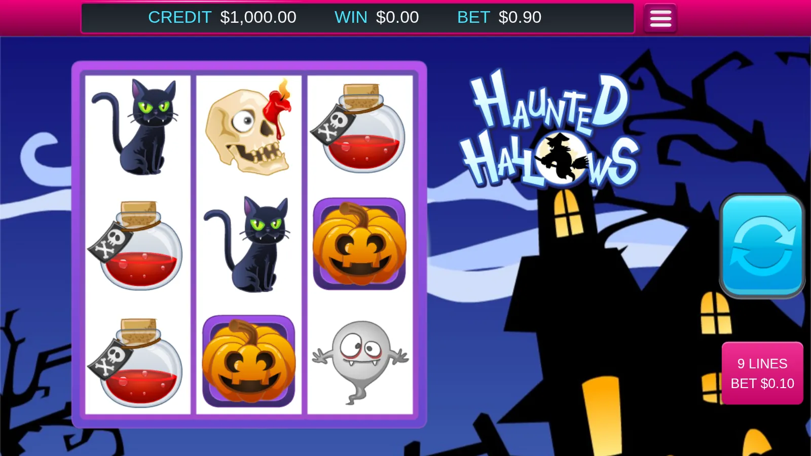Haunted Hallows idle 3x3 reels showing a black cat, a skull, potion flasks, jack o' lanterns and a ghost