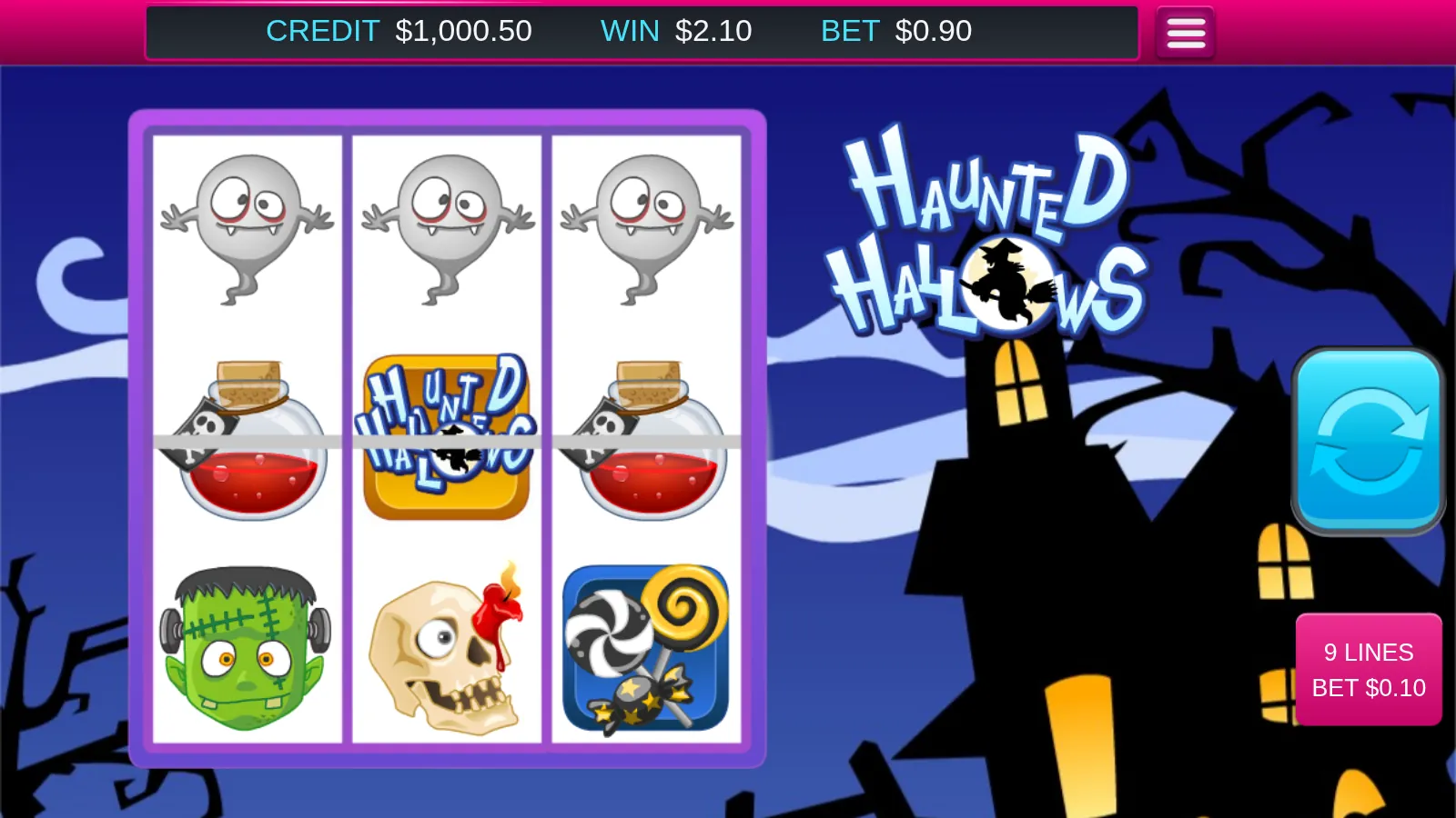 Haunted Hallows reels with three ghosts across the top row and the game logo on the middle line between two potion flasks