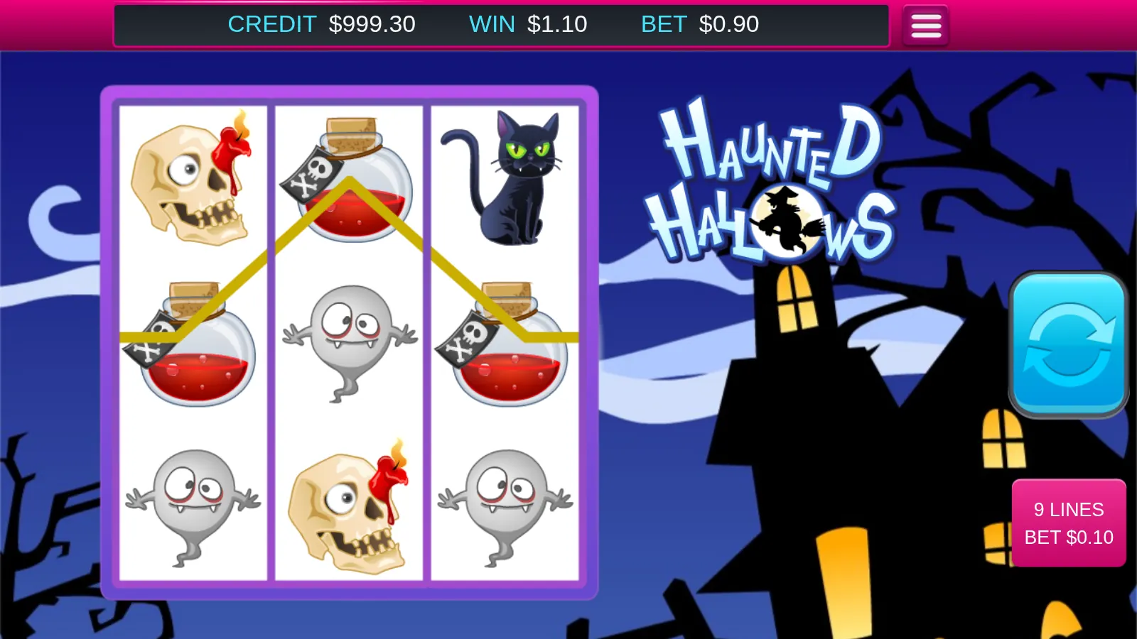 Haunted Hallows 3x3 reels with a gold payline drawn across a row of potion flasks