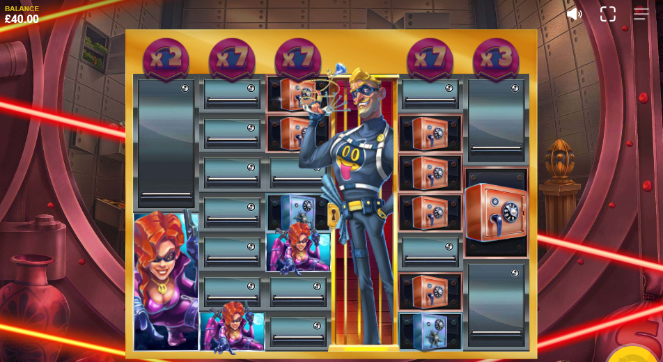 The Heist bonus with per-reel multipliers of x2 to x7 above a grid of safes and the Heist Master in the middle.