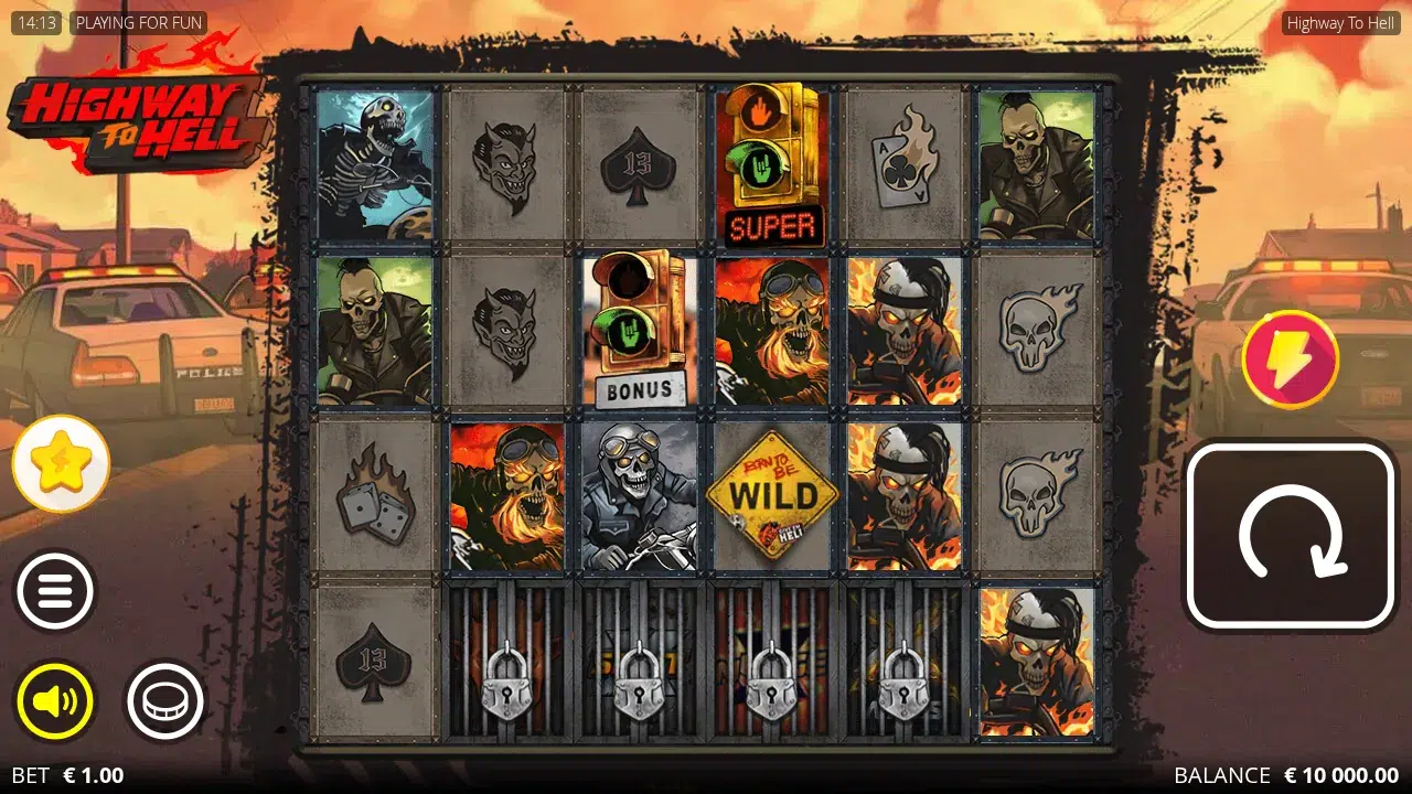 Highway to Hell 6x4 board showing the road sign Wild, a BONUS traffic light and four locked Enhancer Cells
