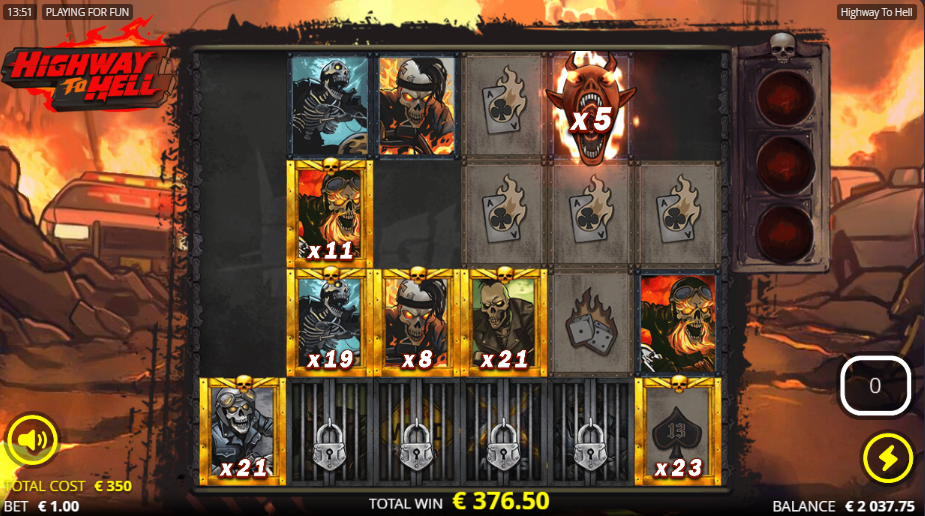 Highway to Hell Demon symbol carrying x5 after removing five symbols from the board, surrounded by stacked multiplier symbols up to x23