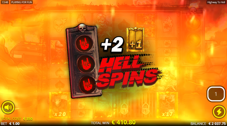 Highway to Hell retrigger during Hell Spins, three traffic lights completing to award +2 spins