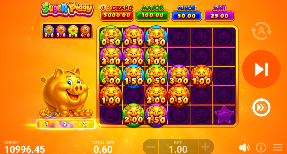 Hold and Win bonus grid with sixteen coloured pig coins, the colour tracker top left and a multiplier star bottom right