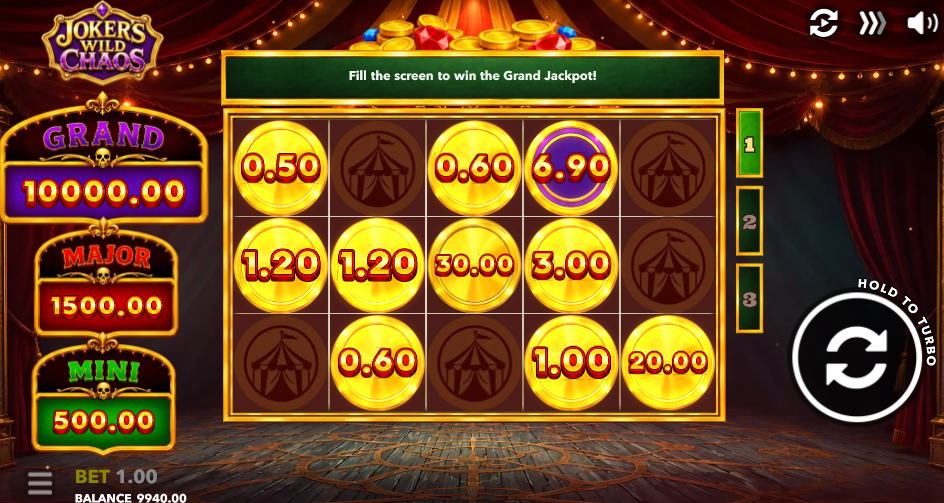 Joker's Wild Chaos Hold and Win board with a purple-ringed Collect coin reading 6.90 among gold coins