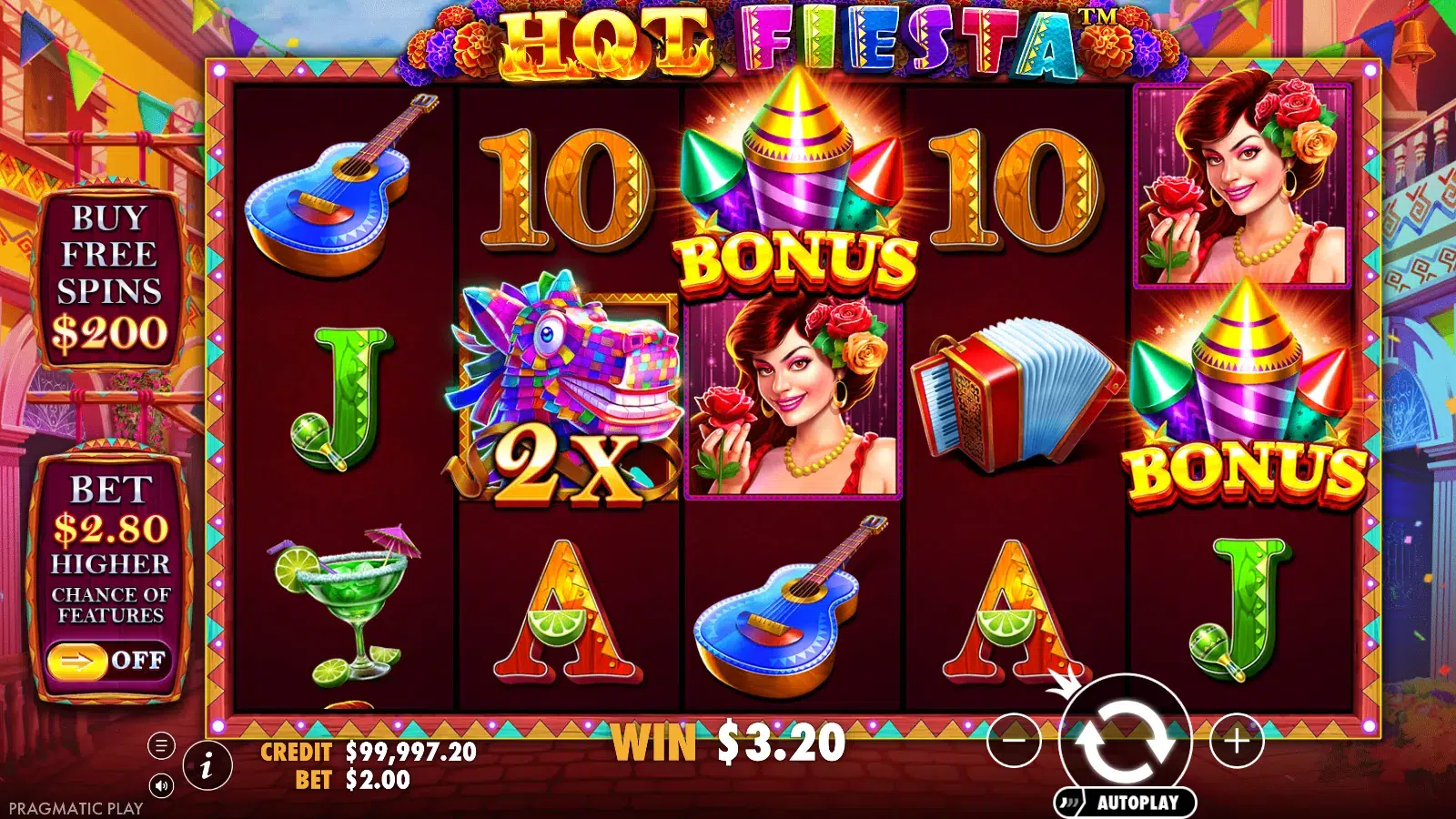 Hot Fiesta spin paying $3.20 with a 2x piñata wild on reel 2 and bonus symbols on reels 3 and 5